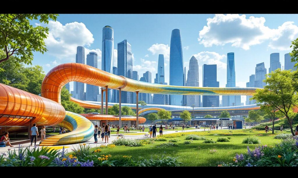 Футуристический городской пейзаж с теплотрассой Флексален и современными небоскрёбами.